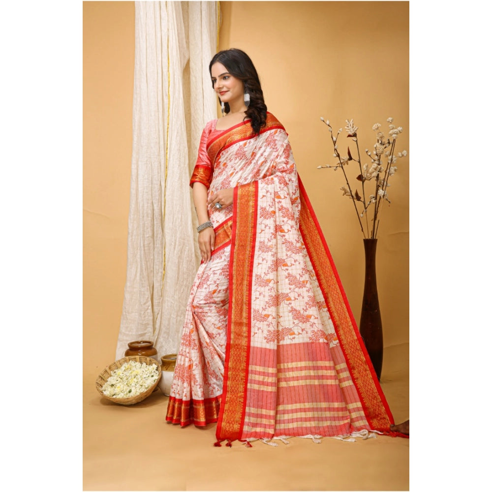 Snuggle Spot Women's Soft Cotton Silk Printed Saree With Unstitched Blouse 5.5Mtr (Red)