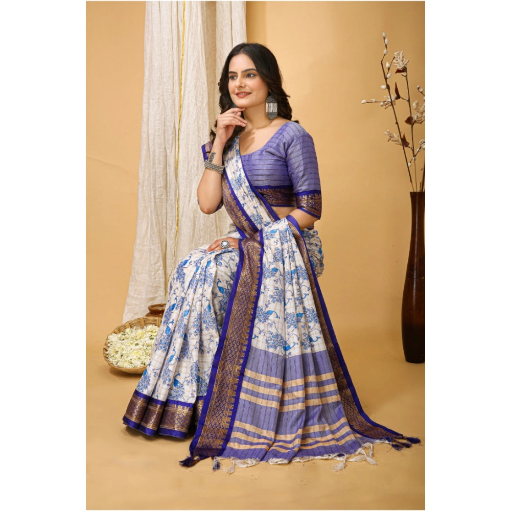 Snuggle Spot Women's Soft Cotton Silk Printed Saree With Unstitched Blouse 5.5Mtr (Purple)