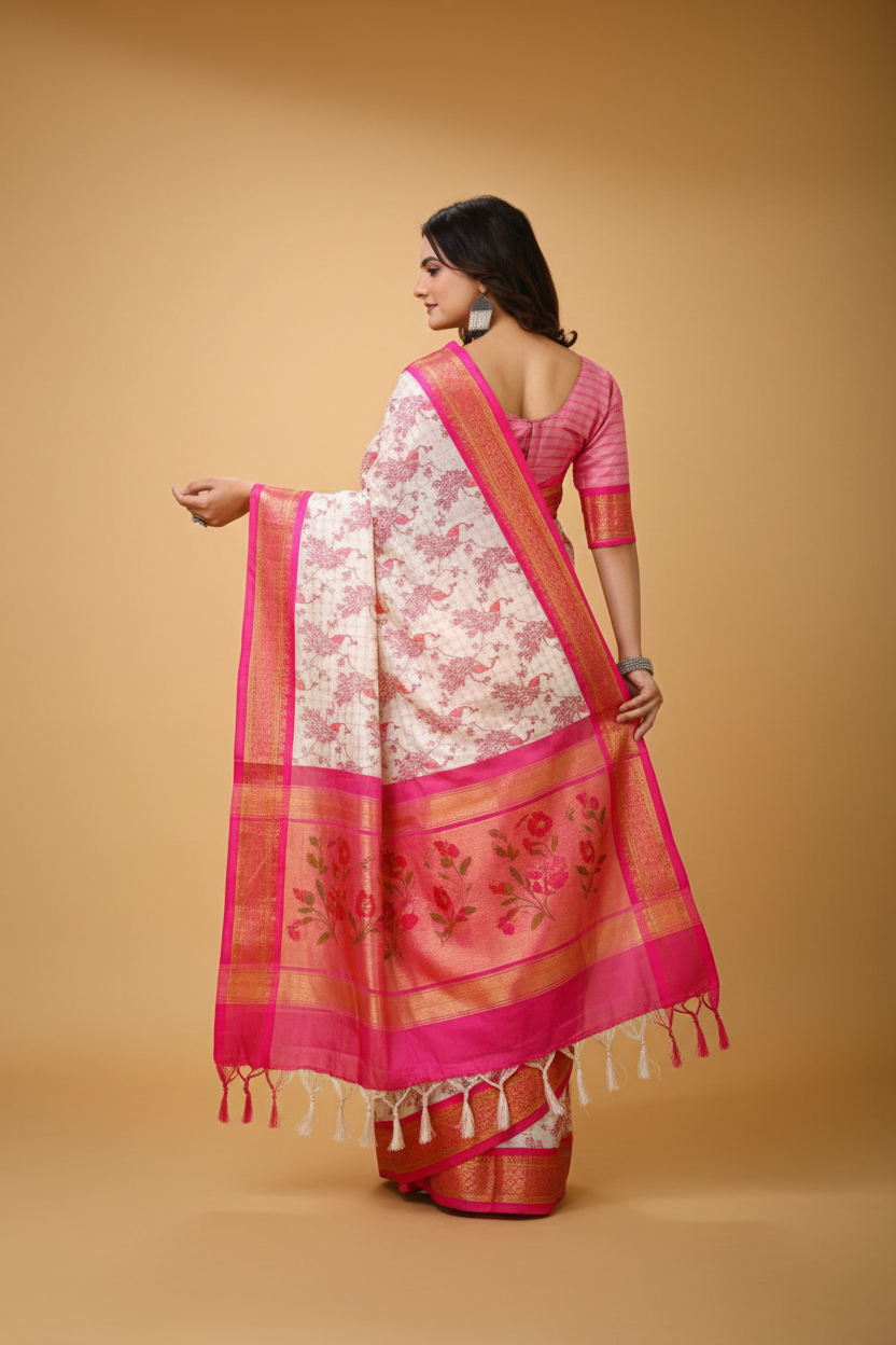 Snuggle Spot Women's Soft Cotton Silk Printed Saree With Unstitched Blouse 5.5Mtr (Pink)