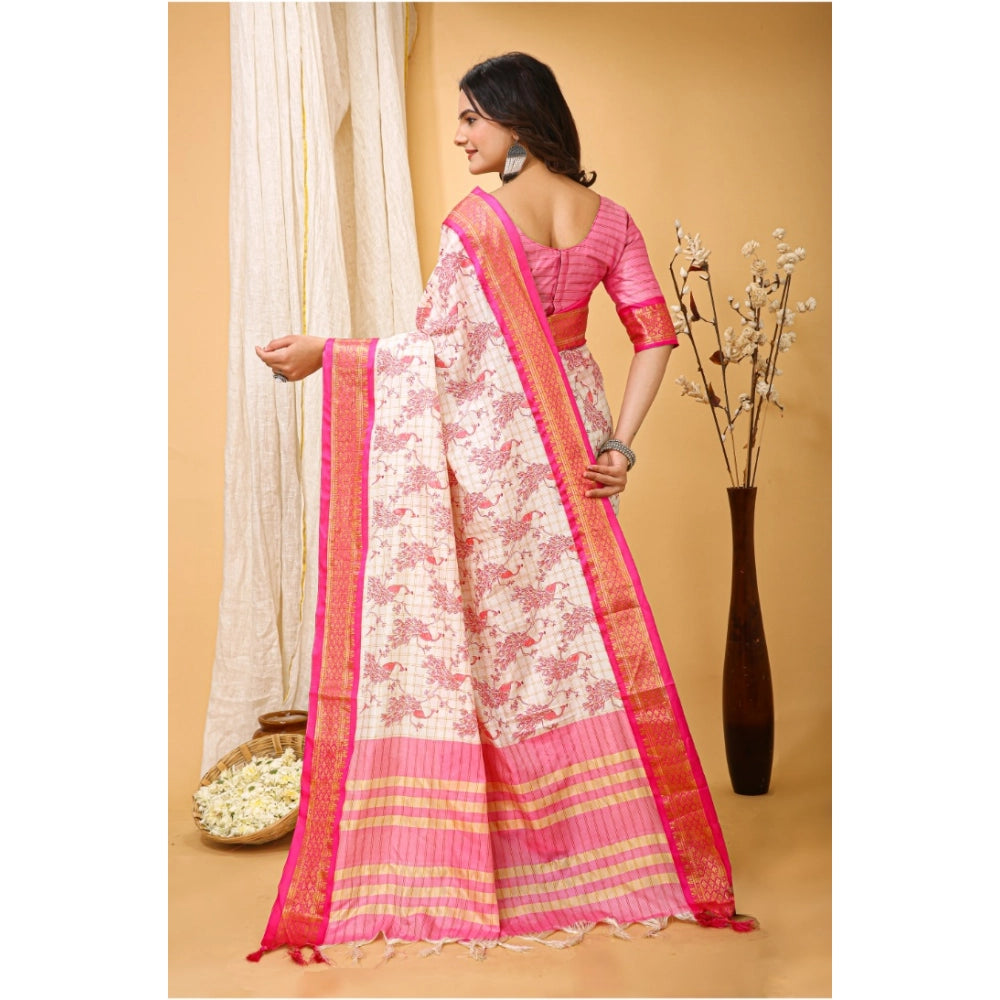 Snuggle Spot Women's Soft Cotton Silk Printed Saree With Unstitched Blouse 5.5Mtr (Pink)