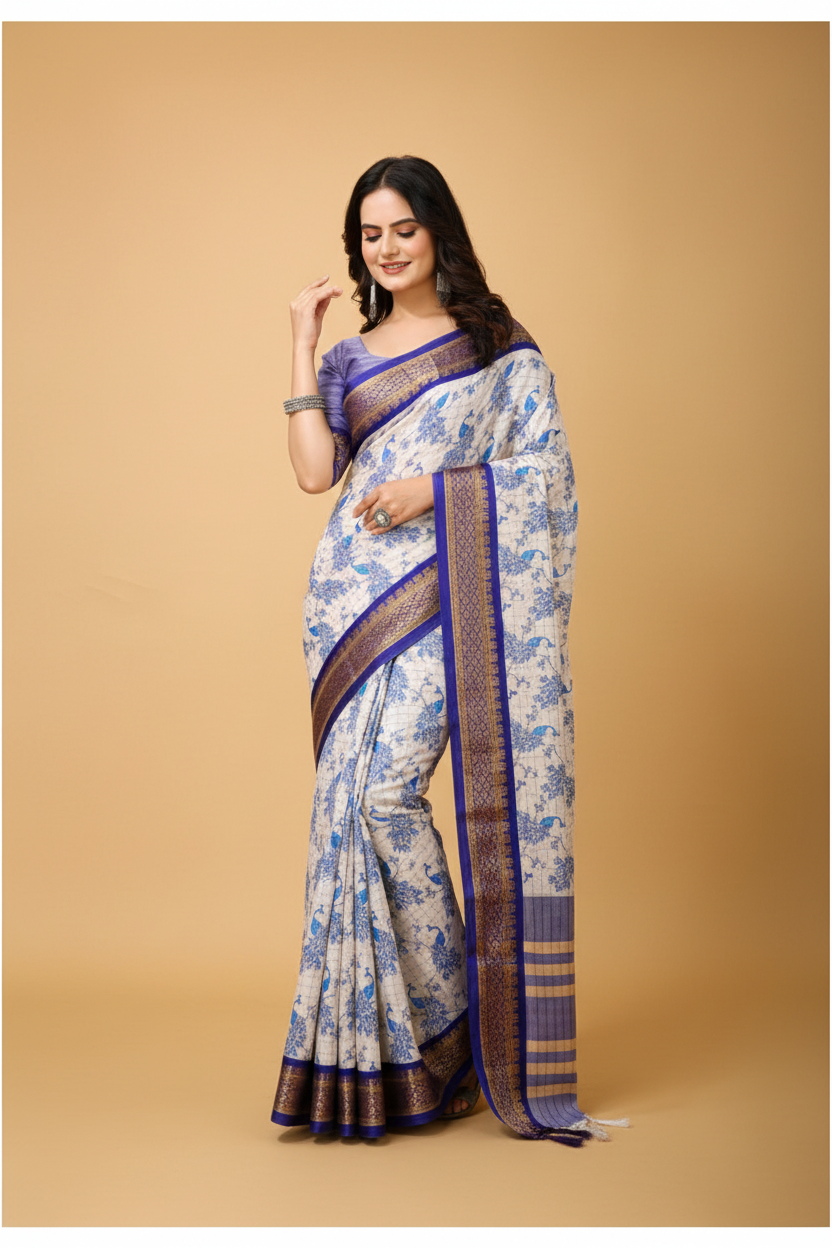 Snuggle Spot Women's Soft Cotton Silk Printed Saree With Unstitched Blouse 5.5Mtr (Purple)