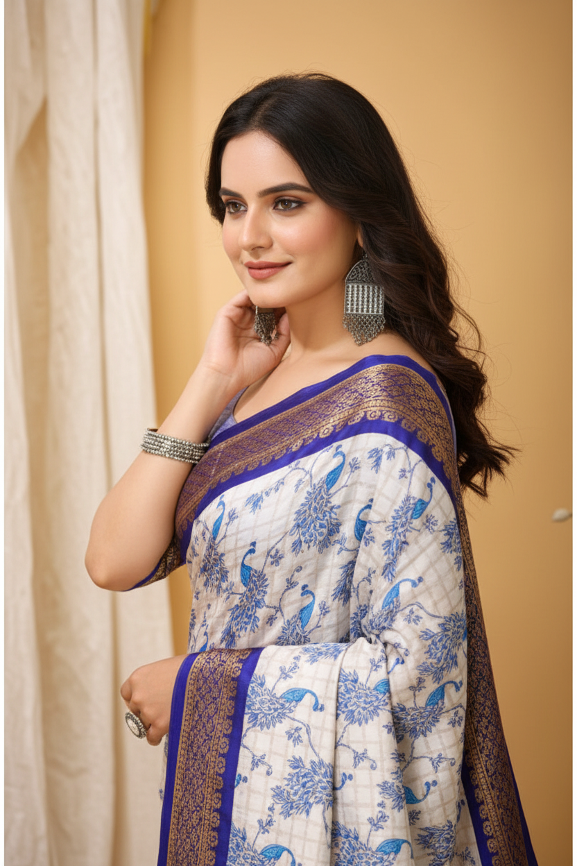 Snuggle Spot Women's Soft Cotton Silk Printed Saree With Unstitched Blouse 5.5Mtr (Purple)