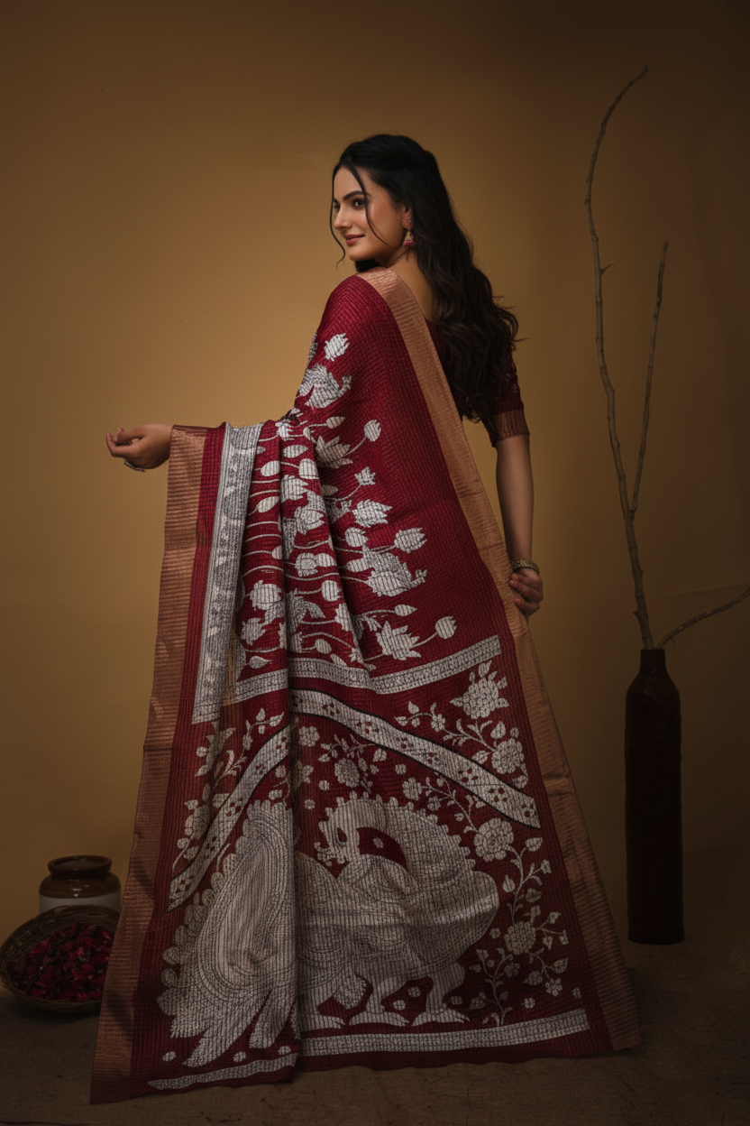 Snuggle Spot Women's Soft Handloom Cotton Kalamkari Printed Saree With Unstitched Blouse 5.5Mtr (Maroon)