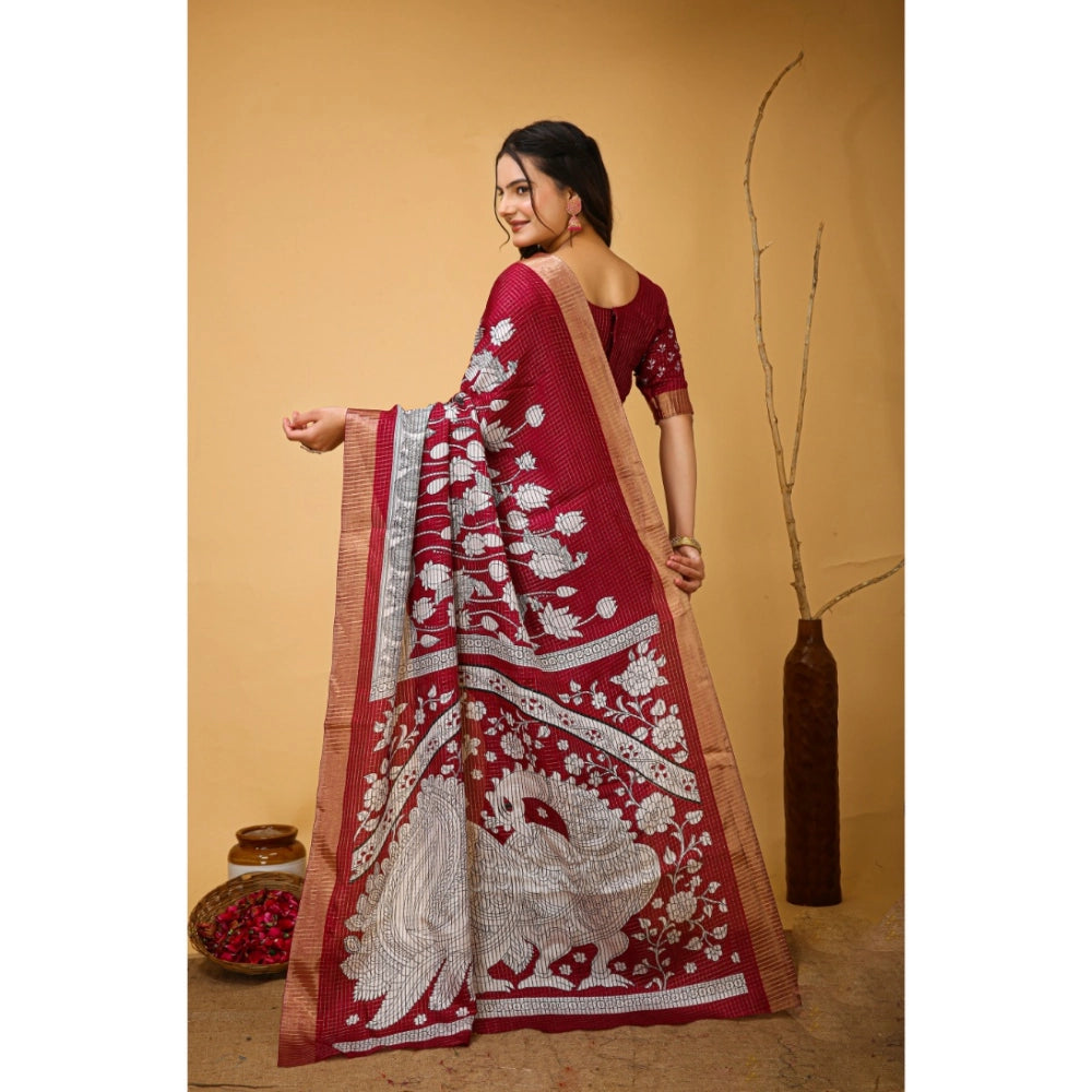 Snuggle Spot Women's Soft Handloom Cotton Kalamkari Printed Saree With Unstitched Blouse 5.5Mtr (Maroon)