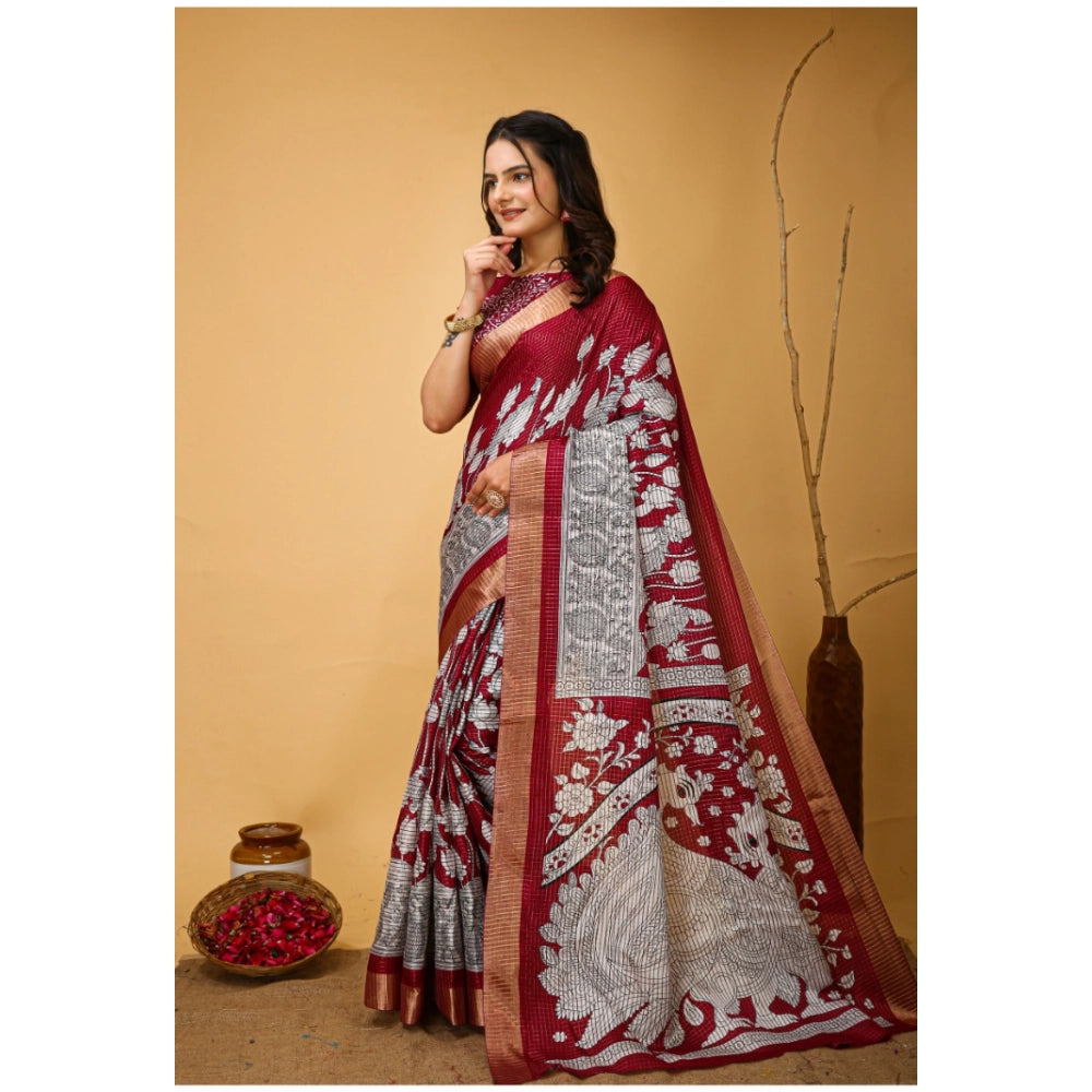 Snuggle Spot Women's Soft Handloom Cotton Kalamkari Printed Saree With Unstitched Blouse 5.5Mtr (Maroon)