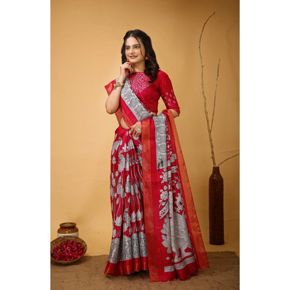Snuggle Spot Women's Soft Handloom Cotton Kalamkari Printed Saree With Unstitched Blouse 5.5Mtr (Pink)