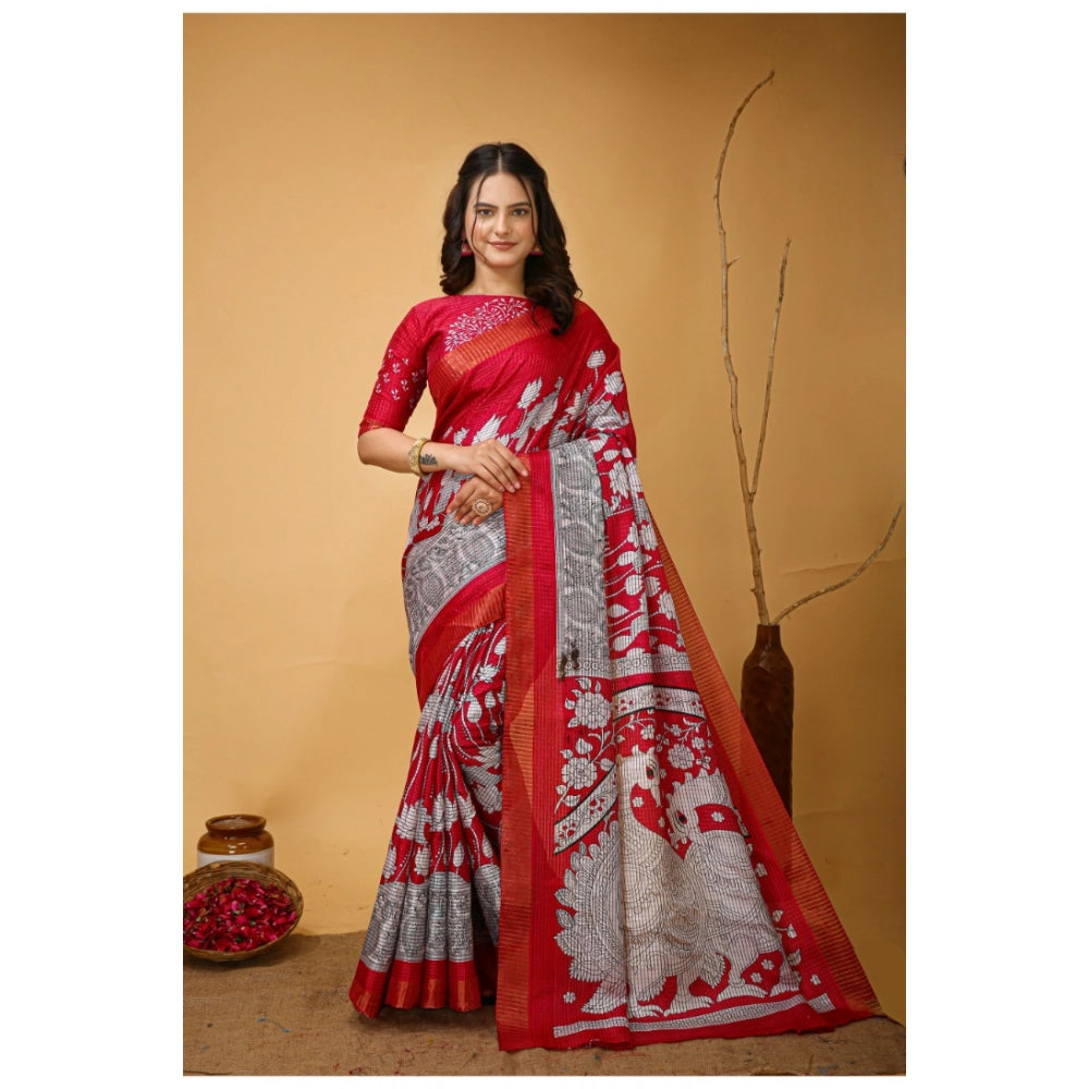 Snuggle Spot Women's Soft Handloom Cotton Kalamkari Printed Saree With Unstitched Blouse 5.5Mtr (Pink)