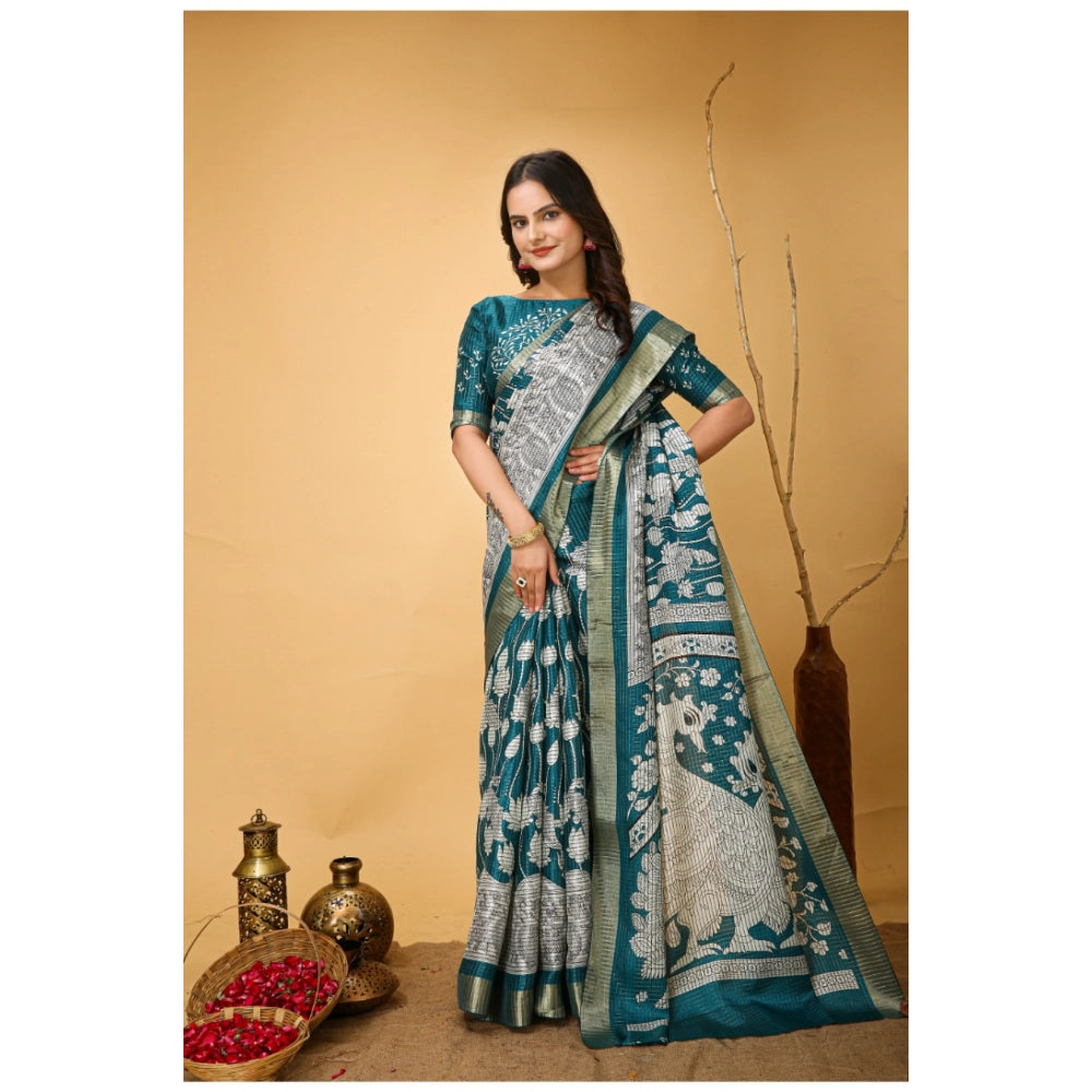 Snuggle Spot Women's Soft Handloom Cotton Kalamkari Printed Saree With Unstitched Blouse 5.5Mtr (Turquoise)