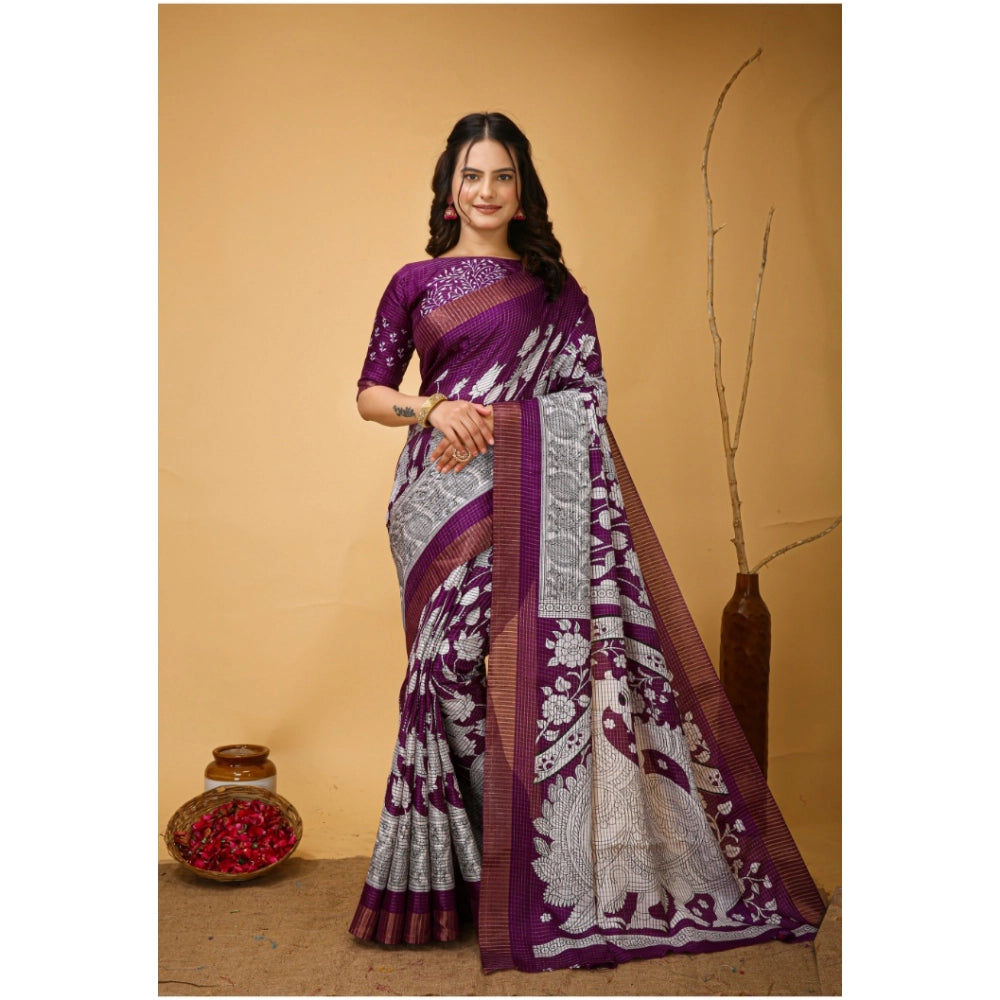 Snuggle Spot Women's Soft Handloom Cotton Kalamkari Printed Saree With Unstitched Blouse 5.5Mtr (Purple)