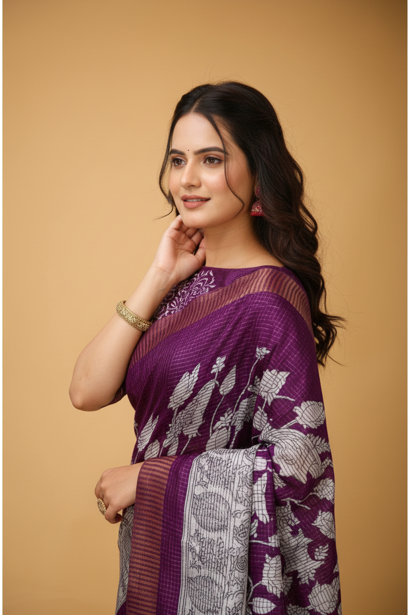 Snuggle Spot Women's Soft Handloom Cotton Kalamkari Printed Saree With Unstitched Blouse 5.5Mtr (Purple)