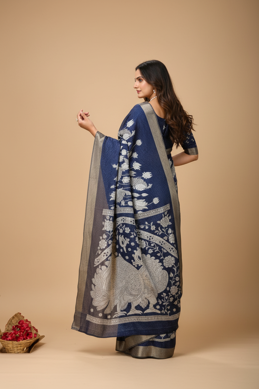 Snuggle Spot Women's Soft Handloom Cotton Kalamkari Printed Saree With Unstitched Blouse 5.5Mtr (Blue)