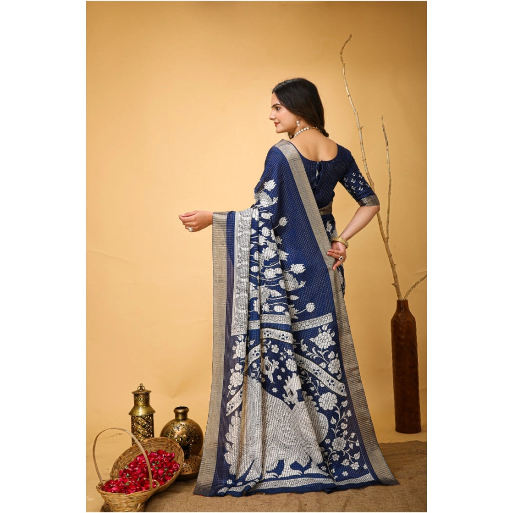 Snuggle Spot Women's Soft Handloom Cotton Kalamkari Printed Saree With Unstitched Blouse 5.5Mtr (Blue)