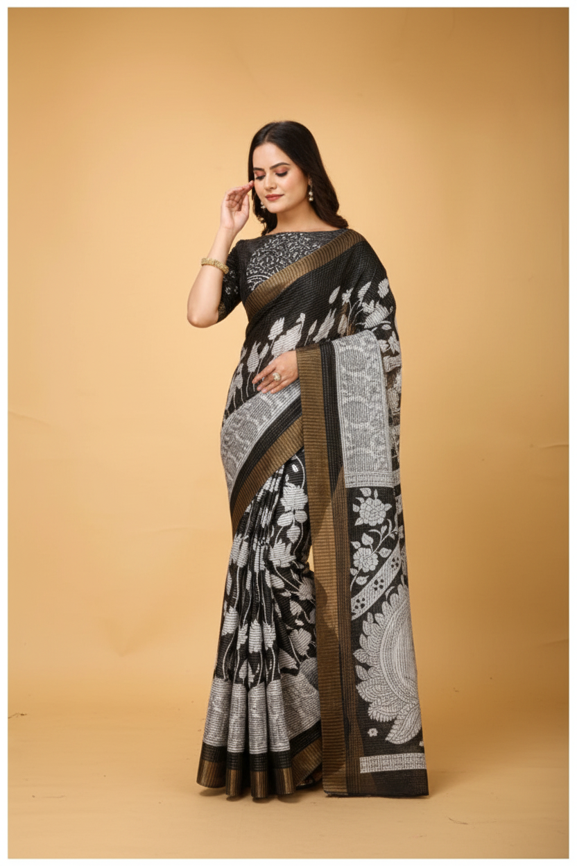 Snuggle Spot Women's Soft Handloom Cotton Kalamkari Printed Saree With Unstitched Blouse 5.5Mtr (Black)
