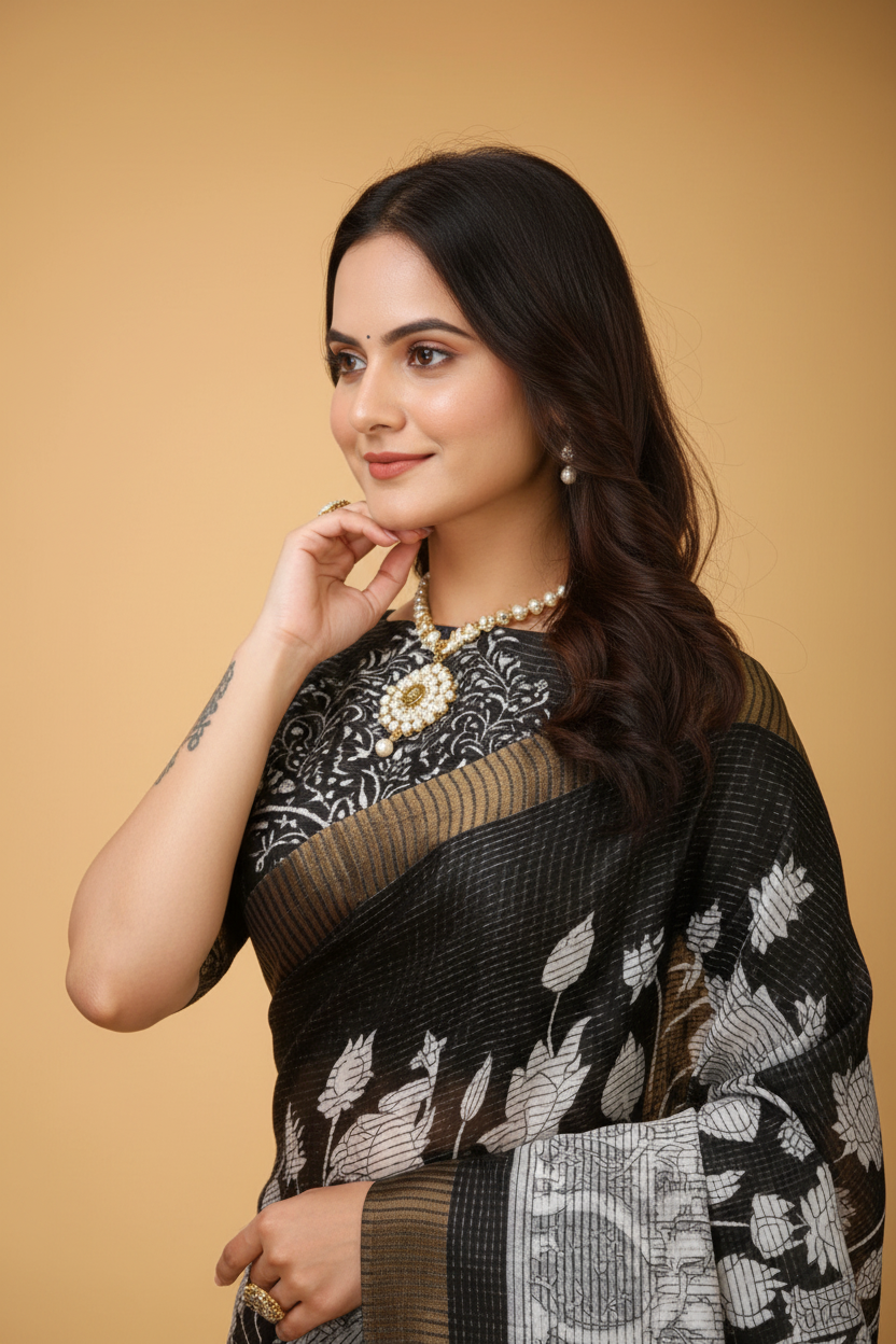 Snuggle Spot Women's Soft Handloom Cotton Kalamkari Printed Saree With Unstitched Blouse 5.5Mtr (Black)