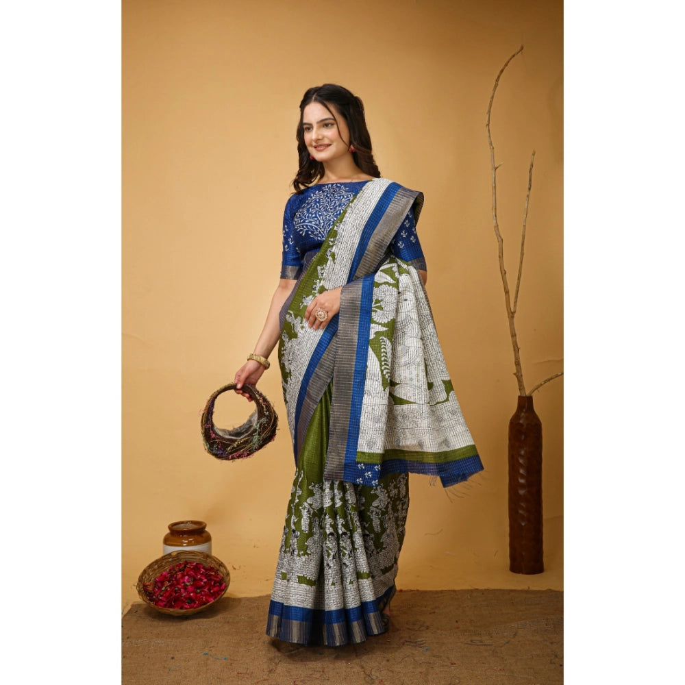 Snuggle Spot Women's Soft Handloom Cotton Kalamkari Printed Saree With Unstitched Blouse 5.5Mtr (Mehendi)