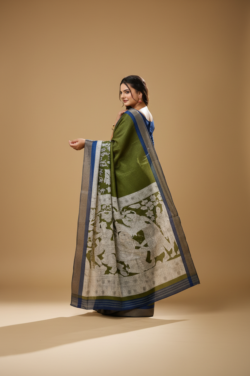 Snuggle Spot Women's Soft Handloom Cotton Kalamkari Printed Saree With Unstitched Blouse 5.5Mtr (Mehendi)