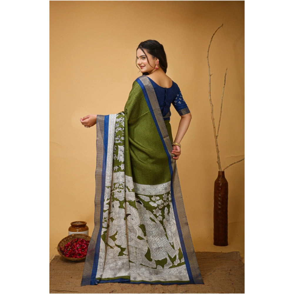 Snuggle Spot Women's Soft Handloom Cotton Kalamkari Printed Saree With Unstitched Blouse 5.5Mtr (Mehendi)