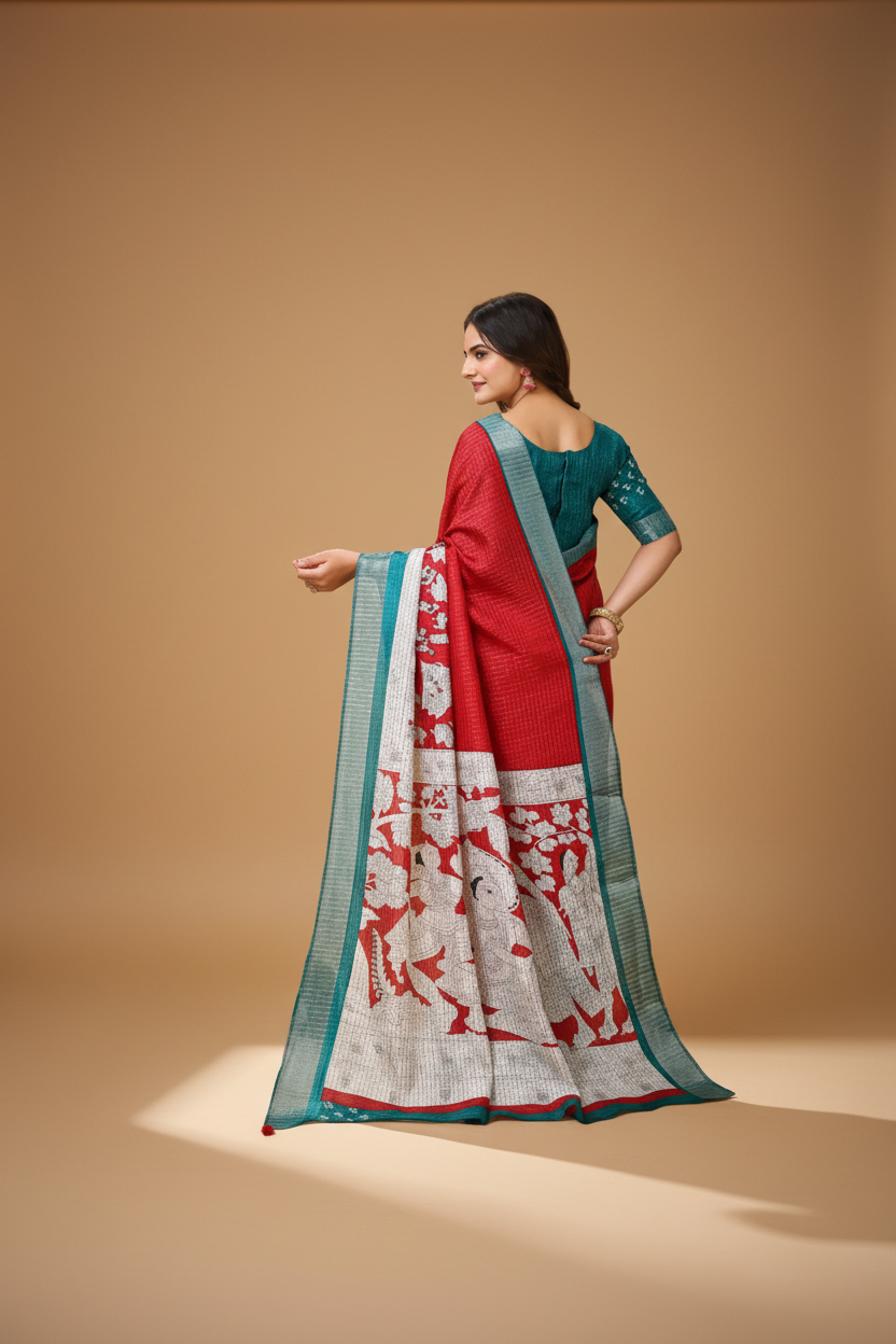 Snuggle Spot Women's Soft Handloom Cotton Kalamkari Printed Saree With Unstitched Blouse 5.5Mtr (Red)