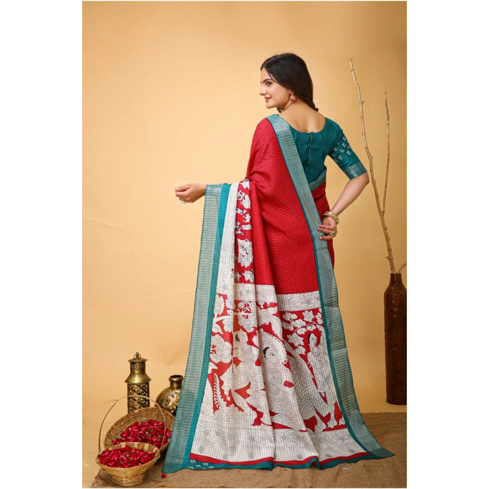Snuggle Spot Women's Soft Handloom Cotton Kalamkari Printed Saree With Unstitched Blouse 5.5Mtr (Red)