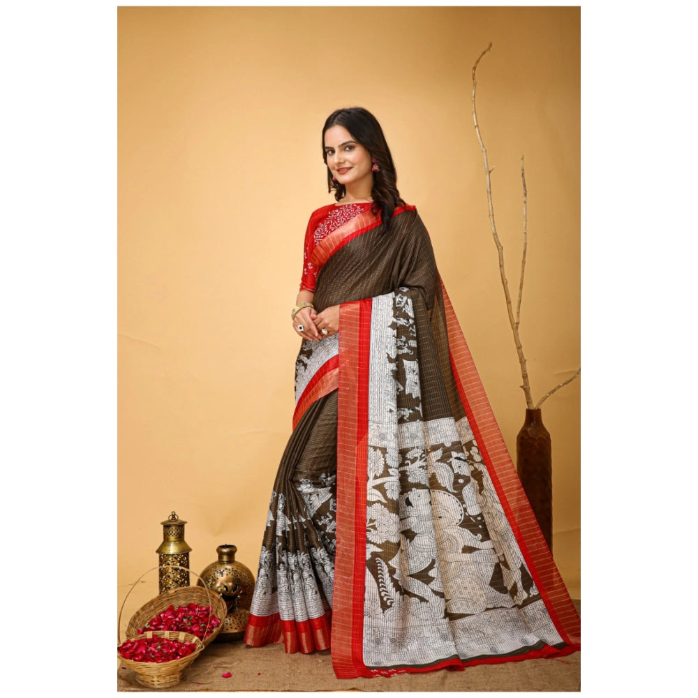 Snuggle Spot Women's Soft Handloom Cotton Kalamkari Printed Saree With Unstitched Blouse 5.5Mtr (Brown)