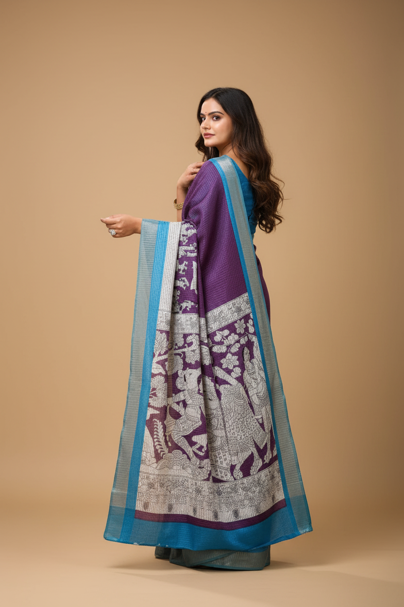 Snuggle Spot Women's Soft Handloom Cotton Kalamkari Printed Saree With Unstitched Blouse 5.5Mtr (Purple)
