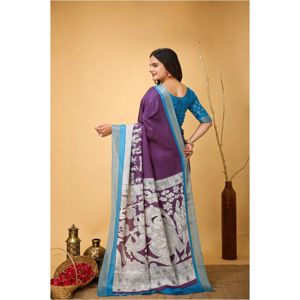 Snuggle Spot Women's Soft Handloom Cotton Kalamkari Printed Saree With Unstitched Blouse 5.5Mtr (Purple)