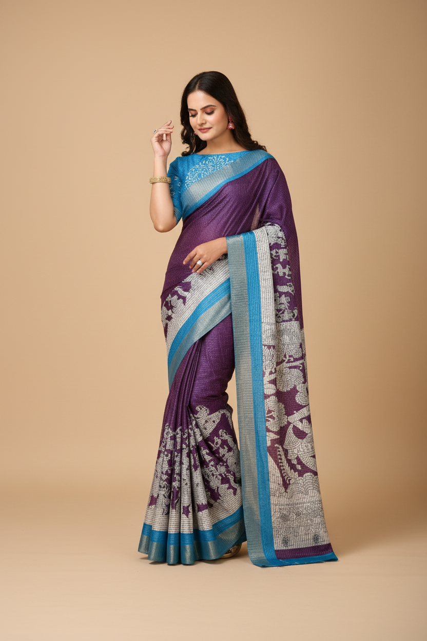 Snuggle Spot Women's Soft Handloom Cotton Kalamkari Printed Saree With Unstitched Blouse 5.5Mtr (Purple)
