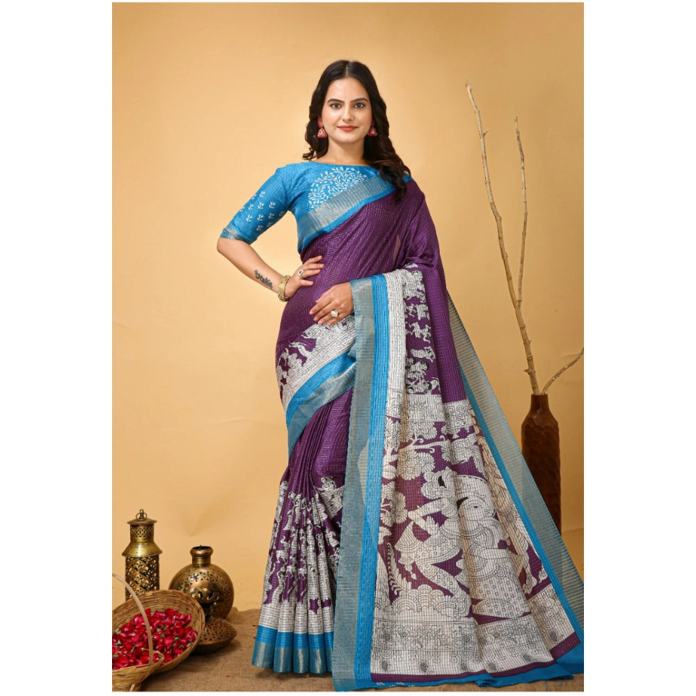 Snuggle Spot Women's Soft Handloom Cotton Kalamkari Printed Saree With Unstitched Blouse 5.5Mtr (Purple)