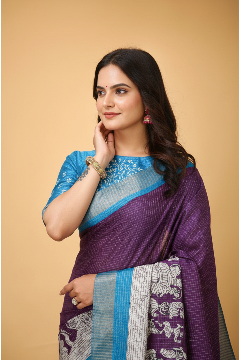 Snuggle Spot Women's Soft Handloom Cotton Kalamkari Printed Saree With Unstitched Blouse 5.5Mtr (Purple)