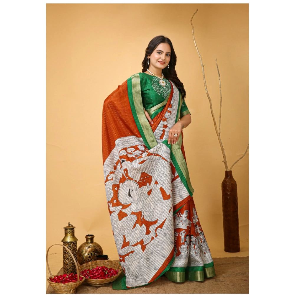 Snuggle Spot Women's Soft Handloom Cotton Kalamkari Printed Saree With Unstitched Blouse 5.5Mtr (Orange)