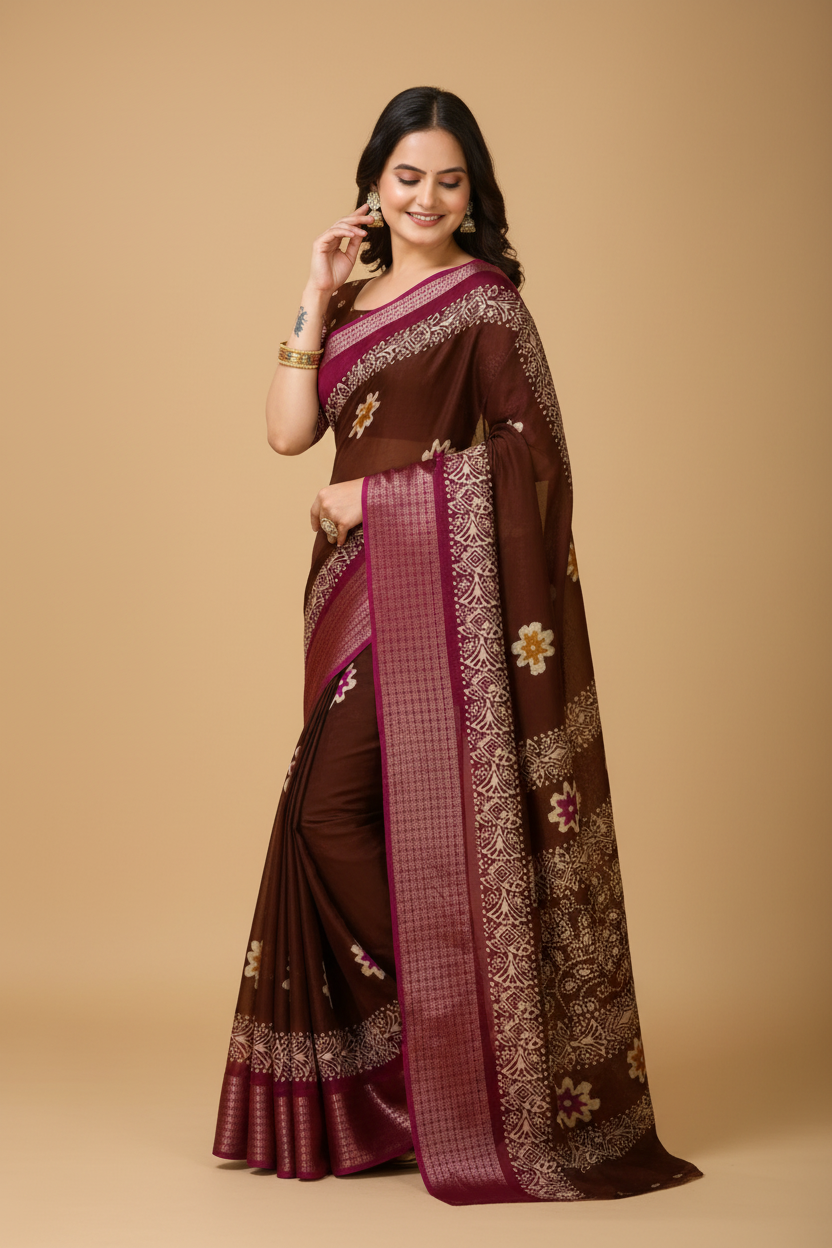 Snuggle Spot Women's Soft Blooming Marshmallow Fabric Kalamkari Printed Saree With Unstitched Blouse 5.5Mtr (Maroon)