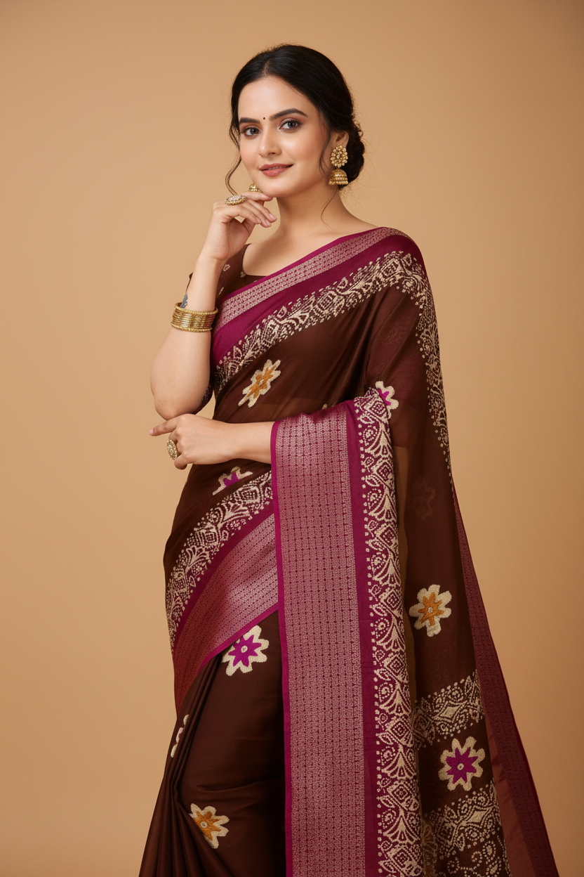Snuggle Spot Women's Soft Blooming Marshmallow Fabric Kalamkari Printed Saree With Unstitched Blouse 5.5Mtr (Maroon)