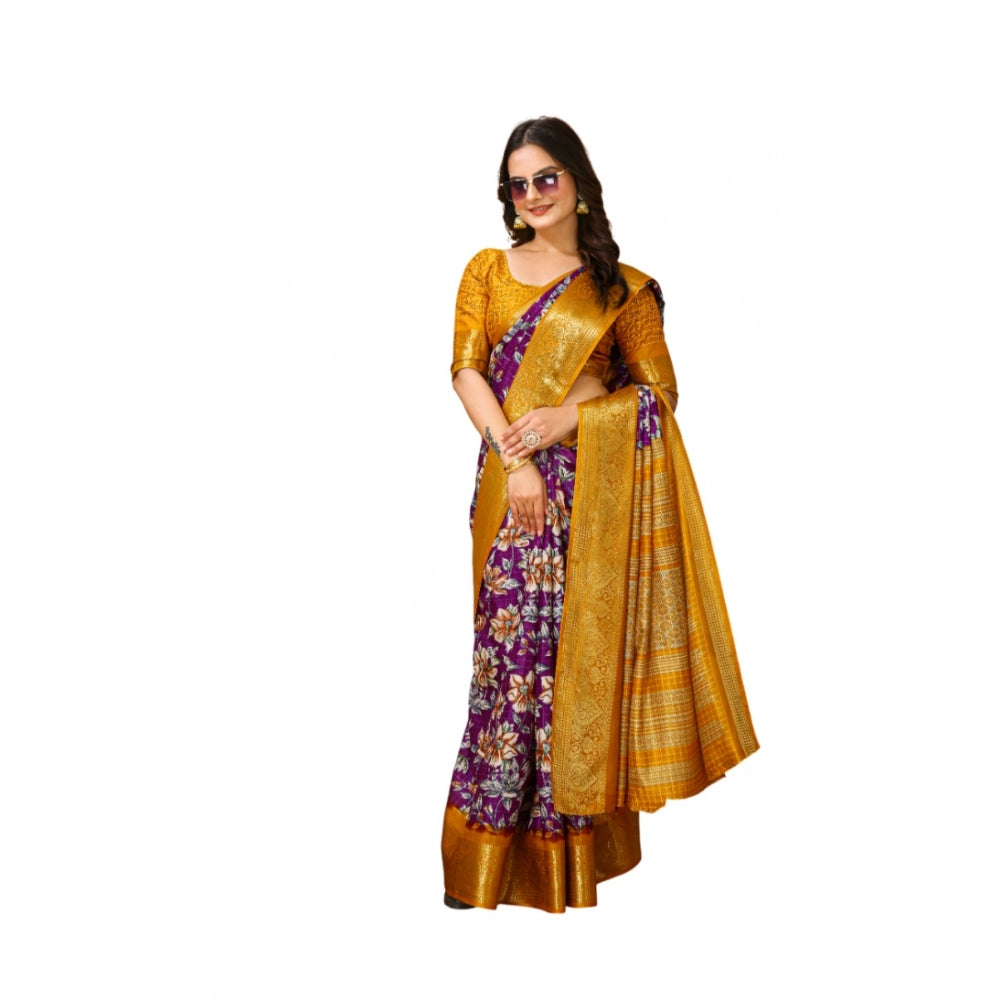 Snuggle Spot Women's Soft Dola Cotton Kalamkari Printed Saree With Unstitched Blouse 5.5Mtr (Purple)