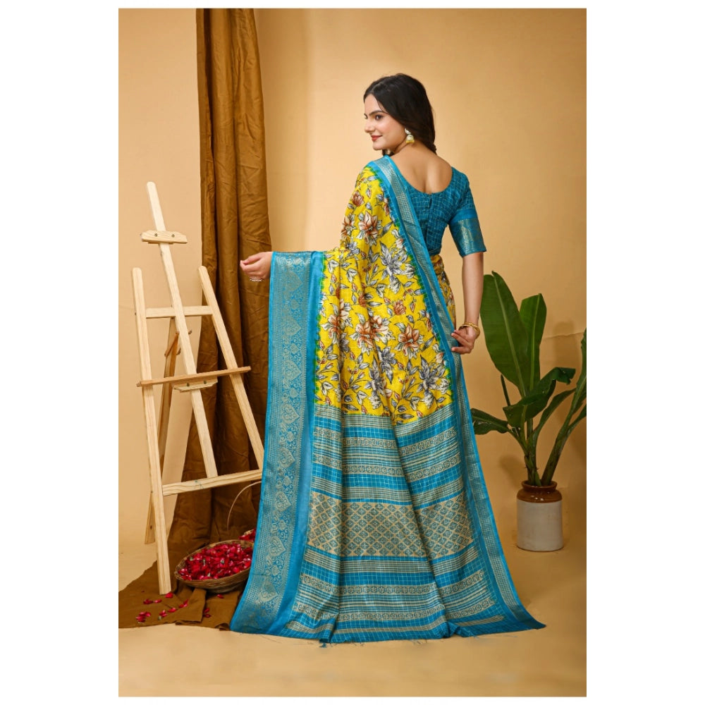 Snuggle Spot Women's Soft Dola Cotton Kalamkari Printed Saree With Unstitched Blouse 5.5Mtr (Yellow)