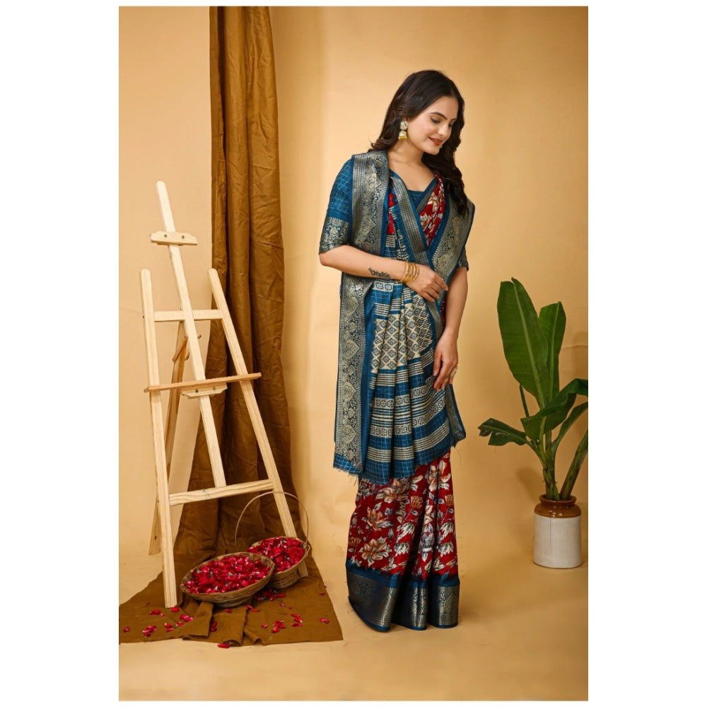 Snuggle Spot Women's Soft Dola Cotton Kalamkari Printed Saree With Unstitched Blouse 5.5Mtr (Red)