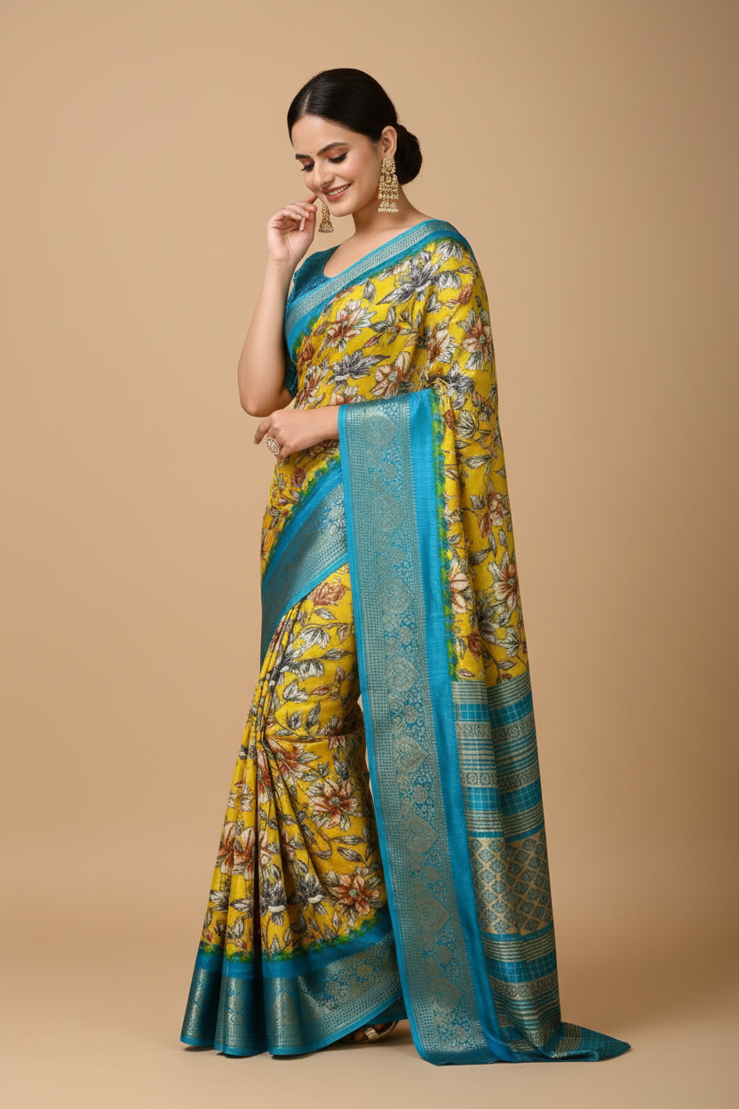 Snuggle Spot Women's Soft Dola Cotton Kalamkari Printed Saree With Unstitched Blouse 5.5Mtr (Yellow)