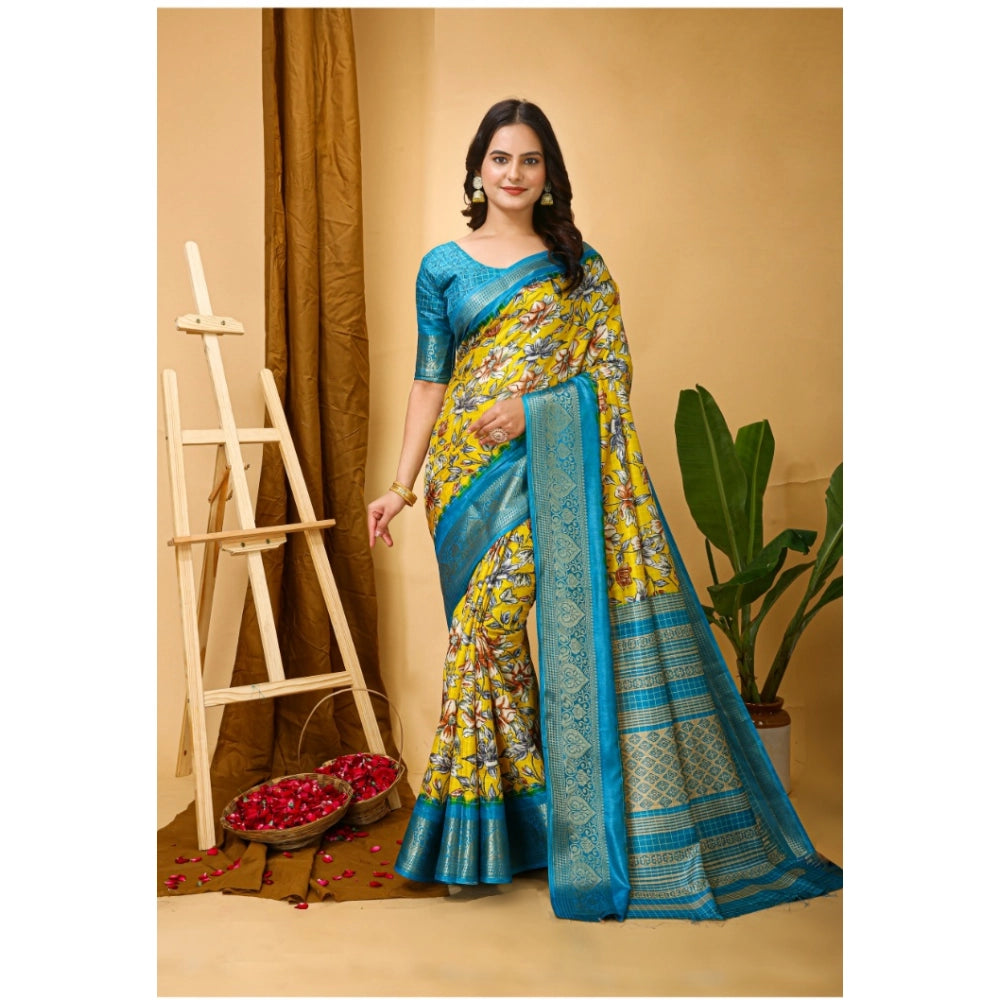 Snuggle Spot Women's Soft Dola Cotton Kalamkari Printed Saree With Unstitched Blouse 5.5Mtr (Yellow)