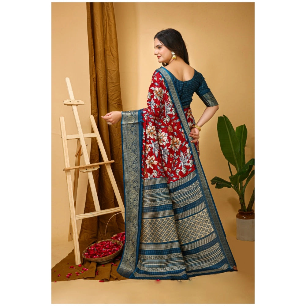Snuggle Spot Women's Soft Dola Cotton Kalamkari Printed Saree With Unstitched Blouse 5.5Mtr (Red)
