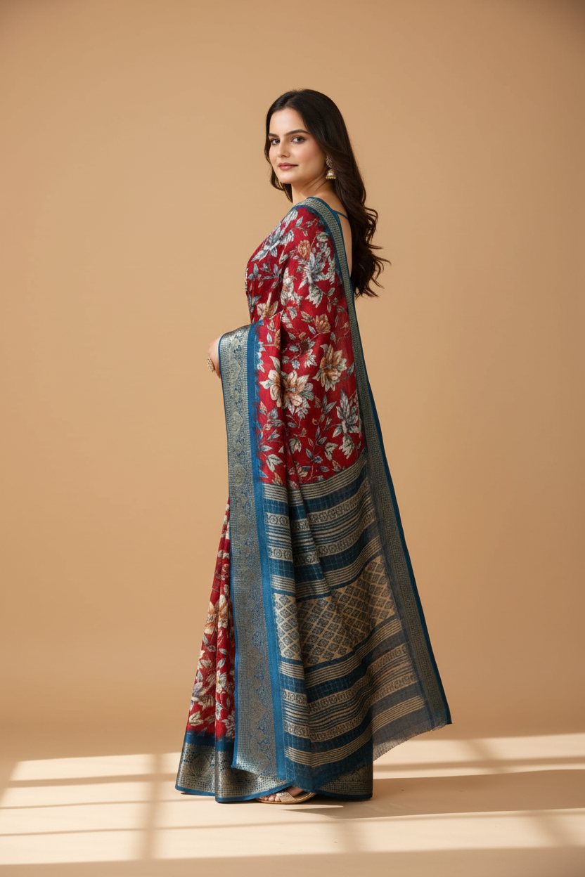 Snuggle Spot Women's Soft Dola Cotton Kalamkari Printed Saree With Unstitched Blouse 5.5Mtr (Red)