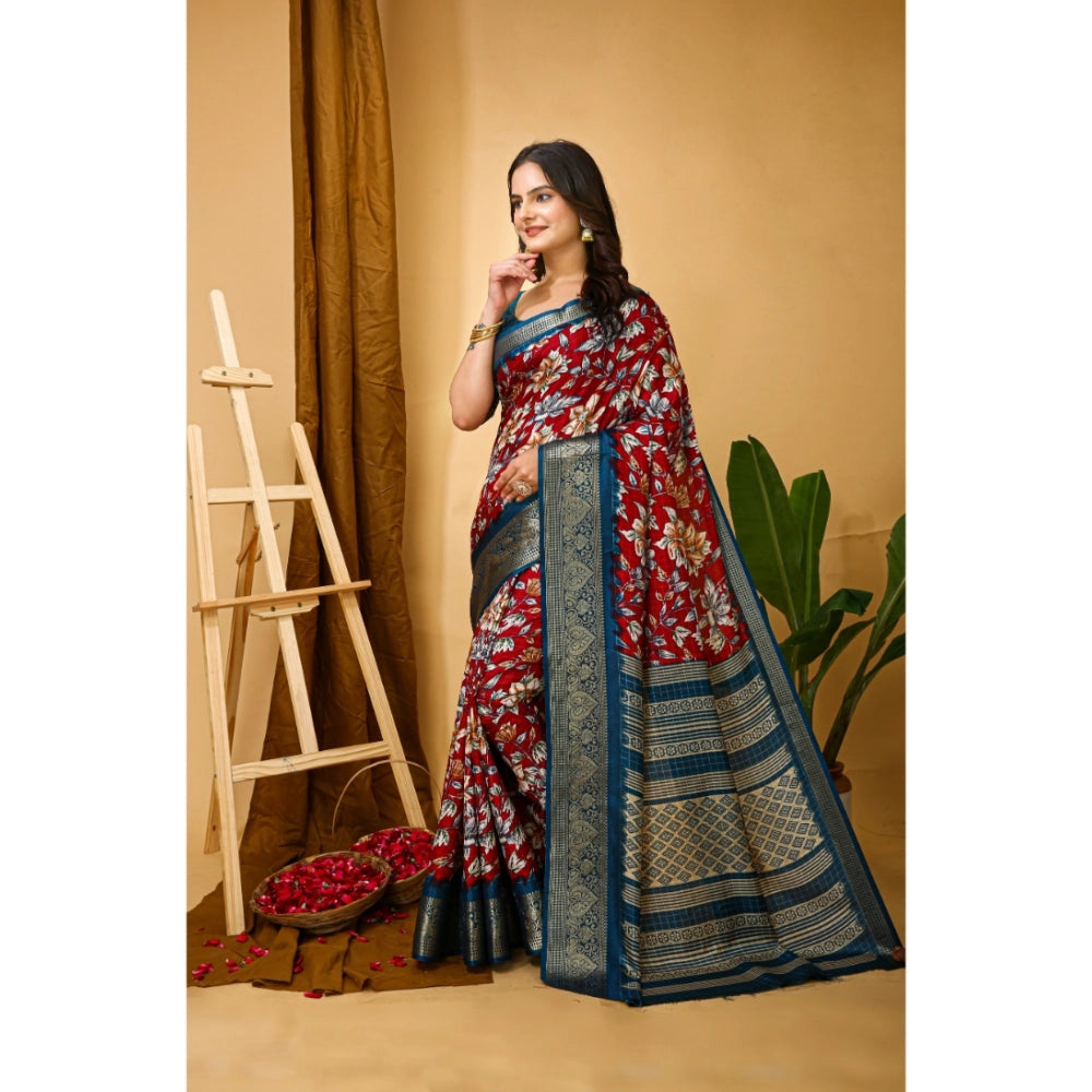 Snuggle Spot Women's Soft Dola Cotton Kalamkari Printed Saree With Unstitched Blouse 5.5Mtr (Red)