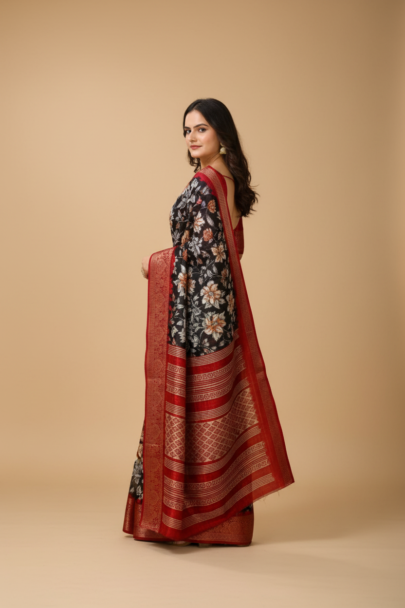Snuggle Spot Women's Soft Dola Cotton Kalamkari Printed Saree With Unstitched Blouse 5.5Mtr (Black)