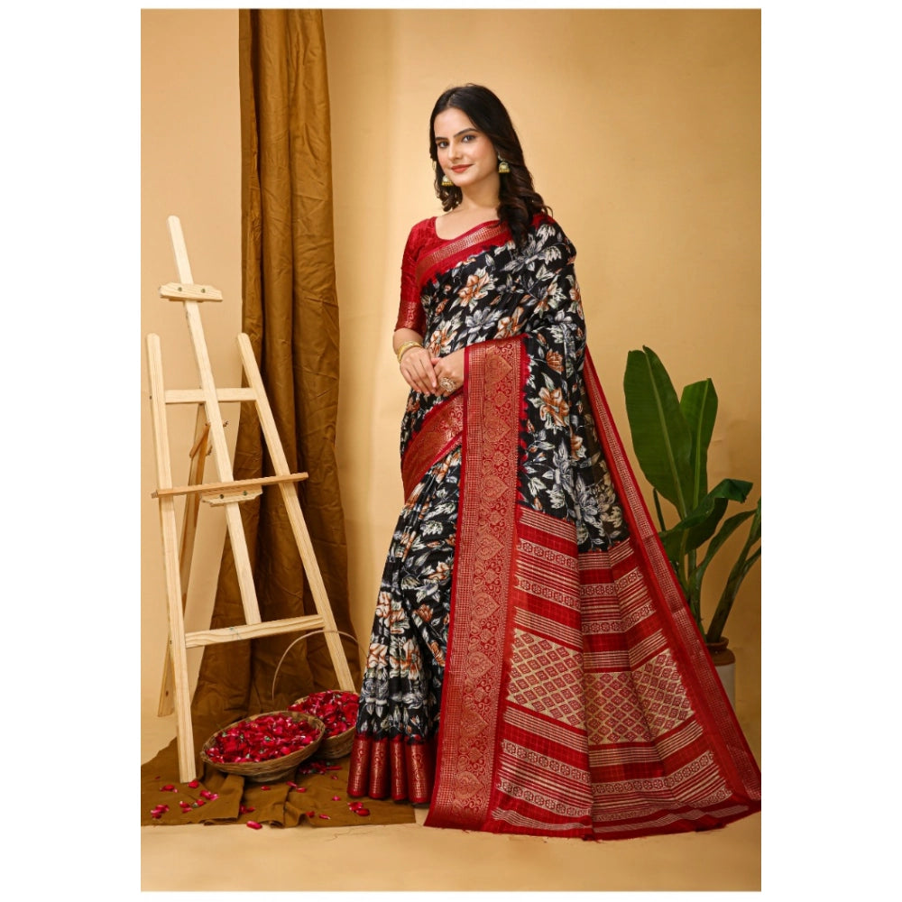 Snuggle Spot Women's Soft Dola Cotton Kalamkari Printed Saree With Unstitched Blouse 5.5Mtr (Black)