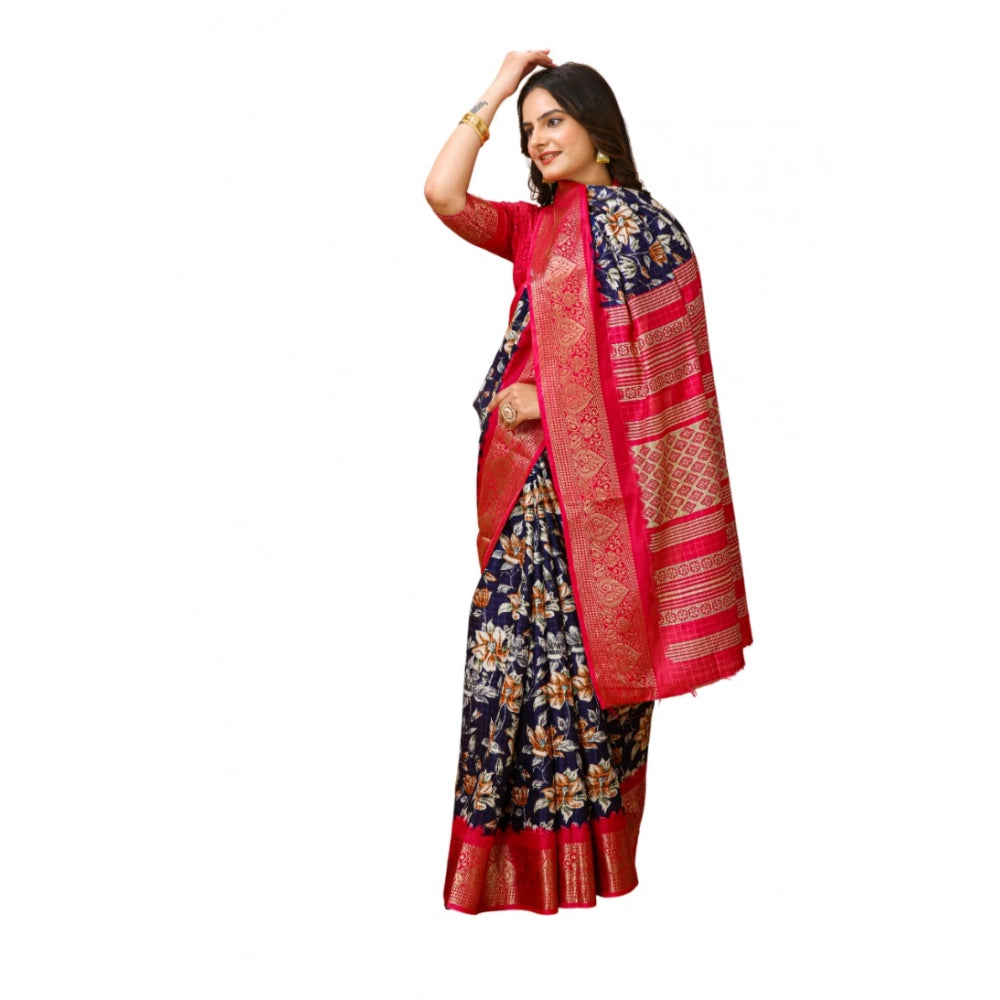 Snuggle Spot Women's Soft Dola Cotton Kalamkari Printed Saree With Unstitched Blouse 5.5Mtr (Navy Blue)