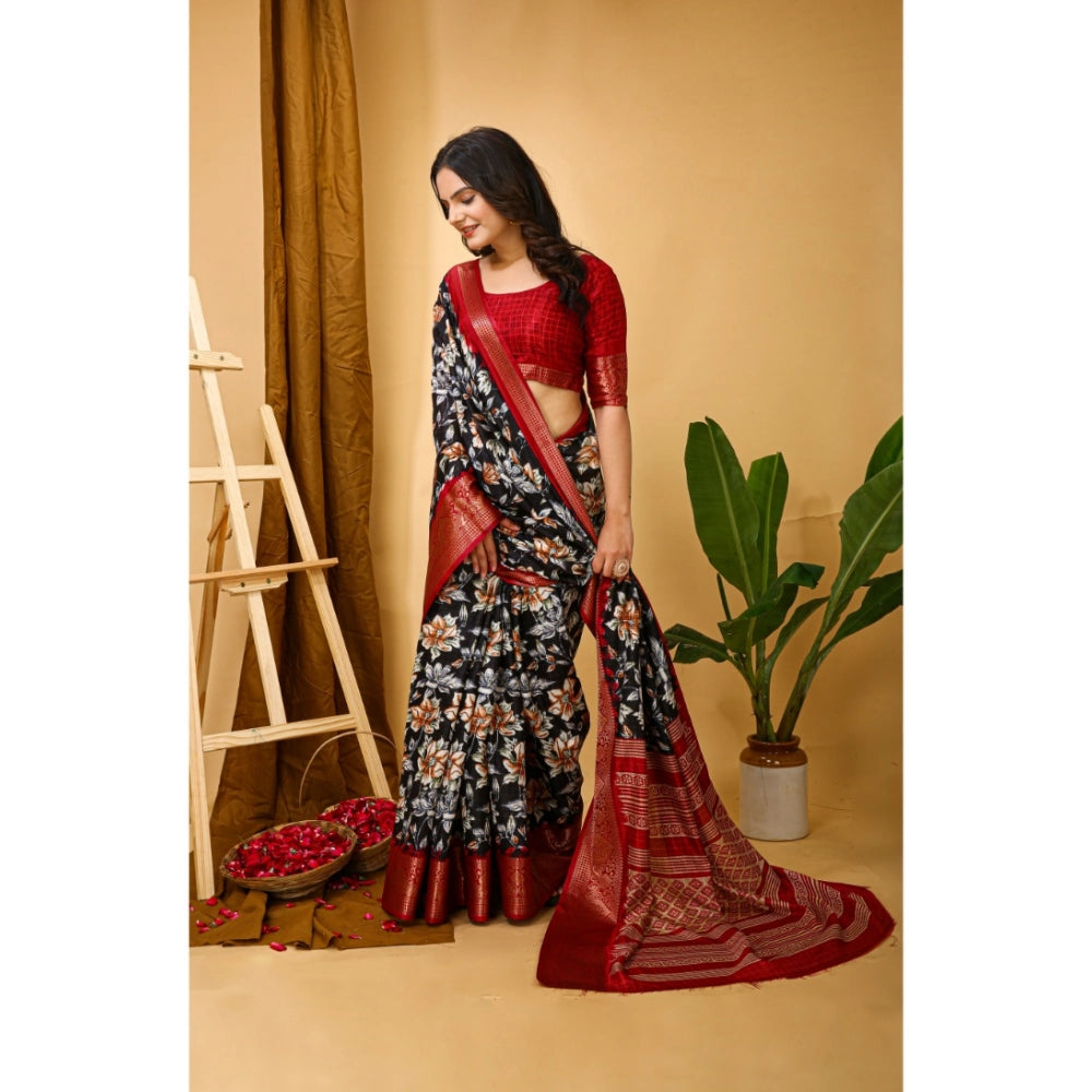 Snuggle Spot Women's Soft Dola Cotton Kalamkari Printed Saree With Unstitched Blouse 5.5Mtr (Black)