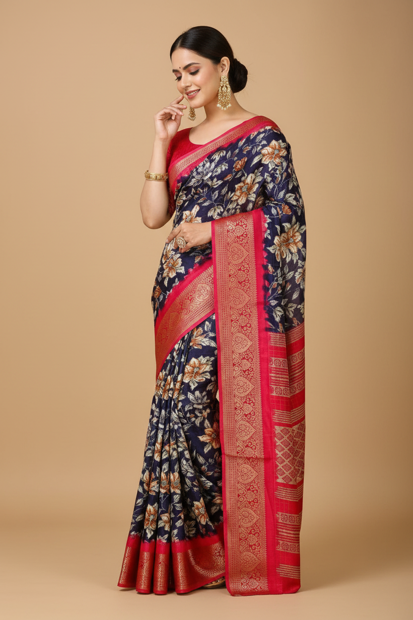 Snuggle Spot Women's Soft Dola Cotton Kalamkari Printed Saree With Unstitched Blouse 5.5Mtr (Navy Blue)
