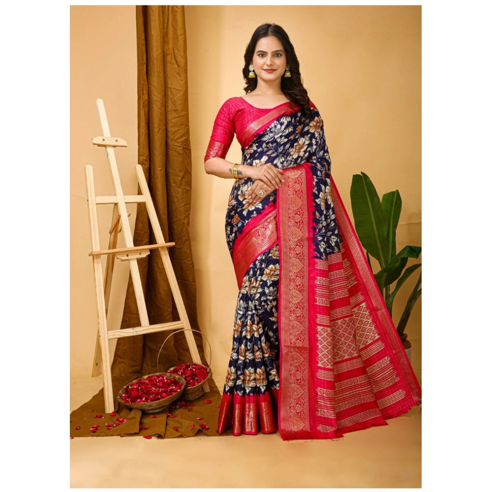 Snuggle Spot Women's Soft Dola Cotton Kalamkari Printed Saree With Unstitched Blouse 5.5Mtr (Navy Blue)
