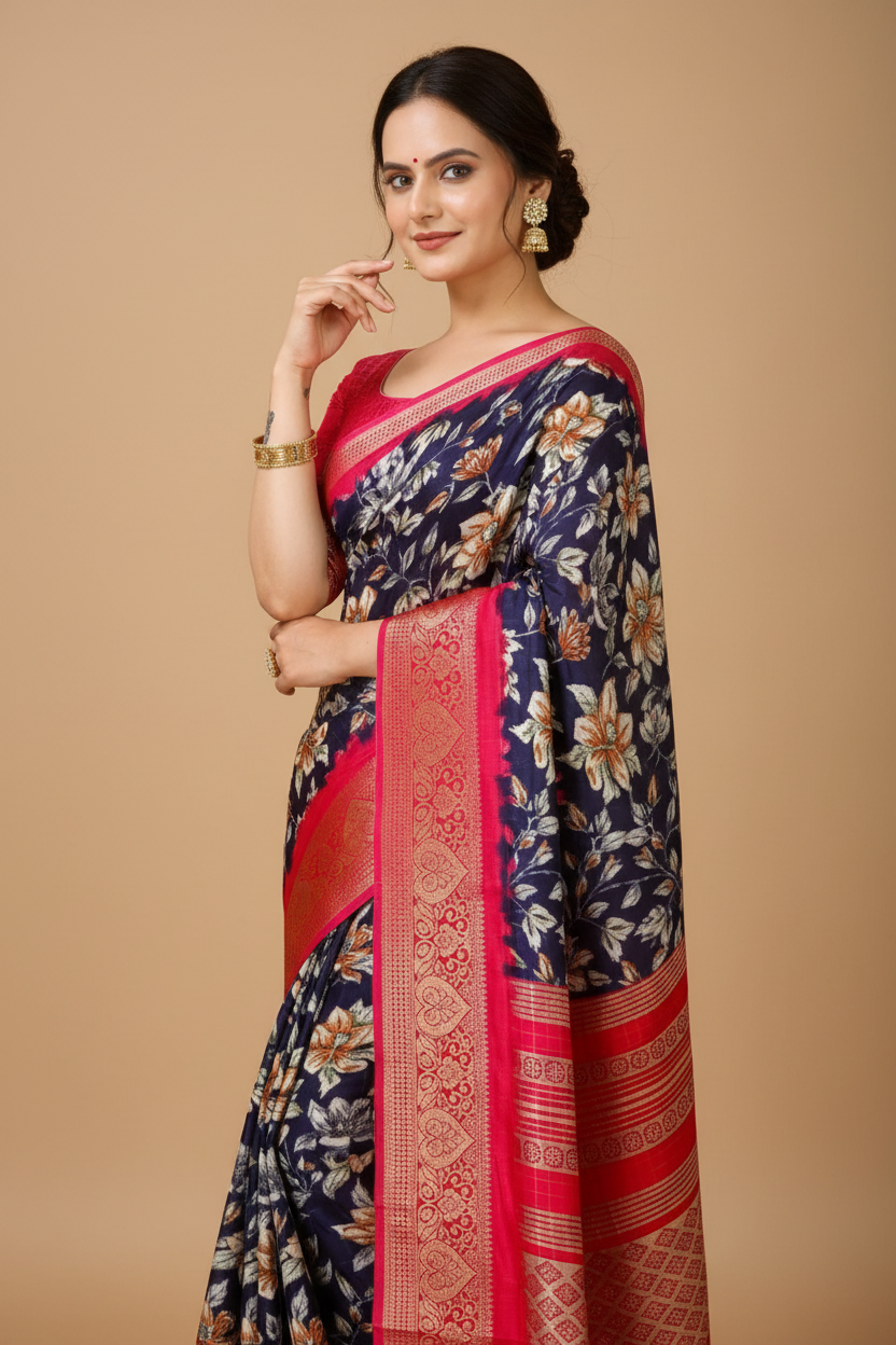 Snuggle Spot Women's Soft Dola Cotton Kalamkari Printed Saree With Unstitched Blouse 5.5Mtr (Navy Blue)