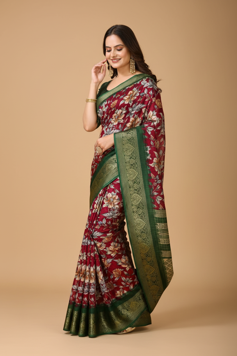 Snuggle Spot Women's Soft Dola Cotton Kalamkari Printed Saree With Unstitched Blouse 5.5Mtr (Maroon)