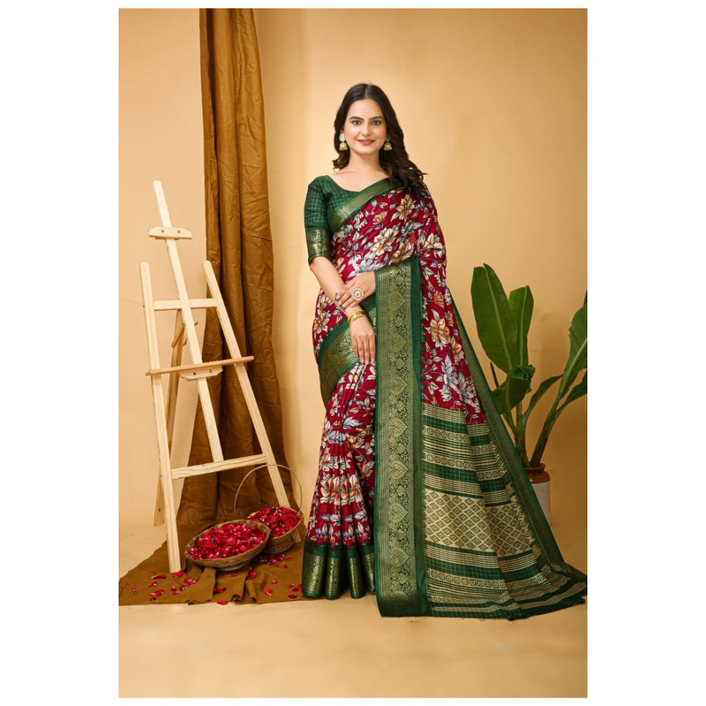 Snuggle Spot Women's Soft Dola Cotton Kalamkari Printed Saree With Unstitched Blouse 5.5Mtr (Maroon)