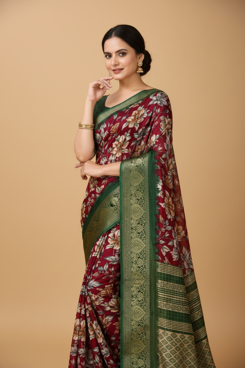 Snuggle Spot Women's Soft Dola Cotton Kalamkari Printed Saree With Unstitched Blouse 5.5Mtr (Maroon)